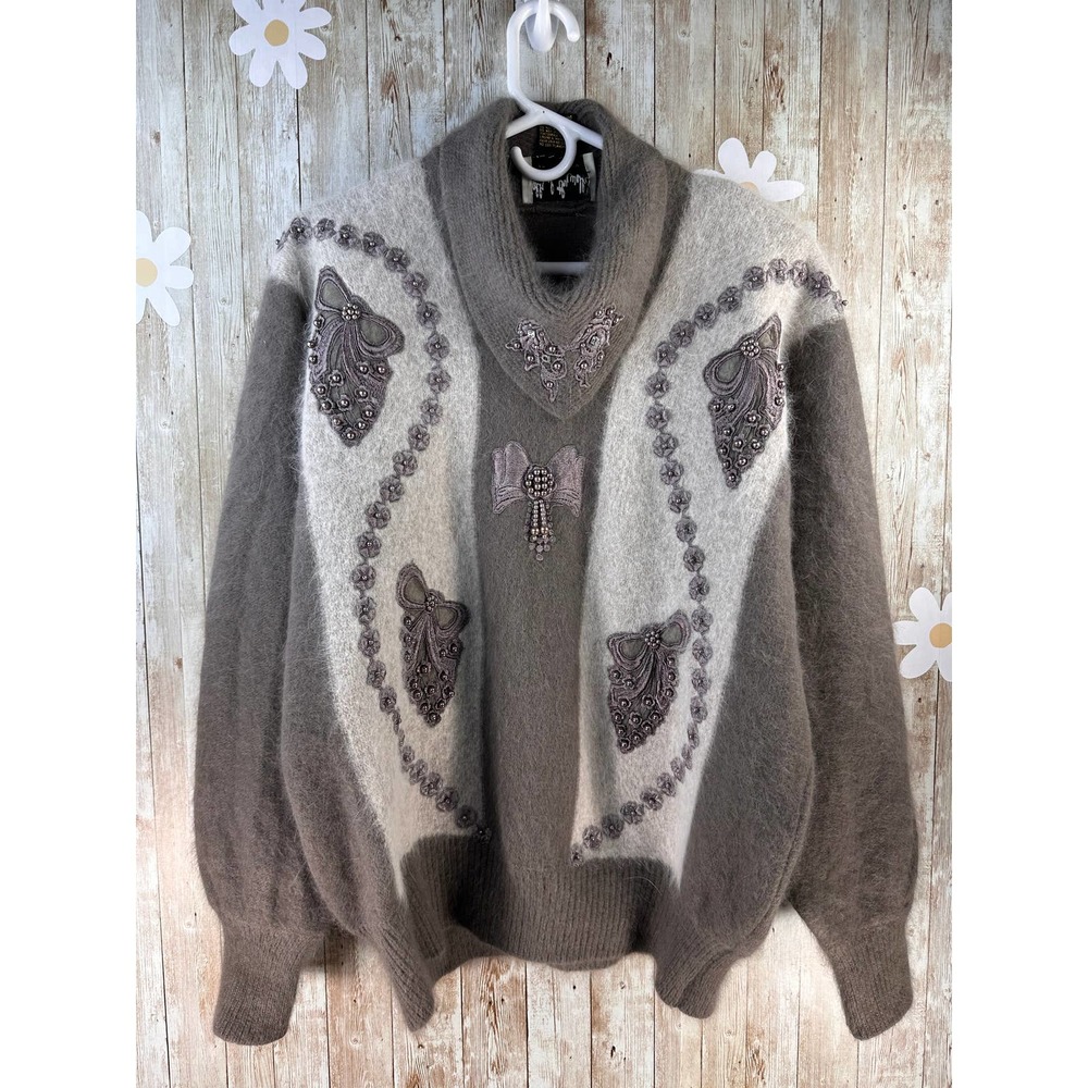 TALK OF THE WALK‎ Vintage Sweater Womens 2XL Taupe Oatmeal Beaded Angora Blend